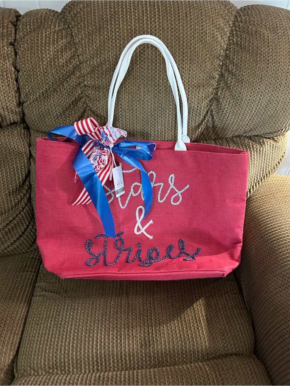 NWT Mud pie Stars & Stripes' Canvas Tote Bag with White Rope Handles
